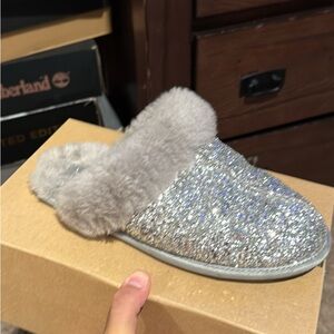 UGG Silver Glitter Slippers with Gray Fur
